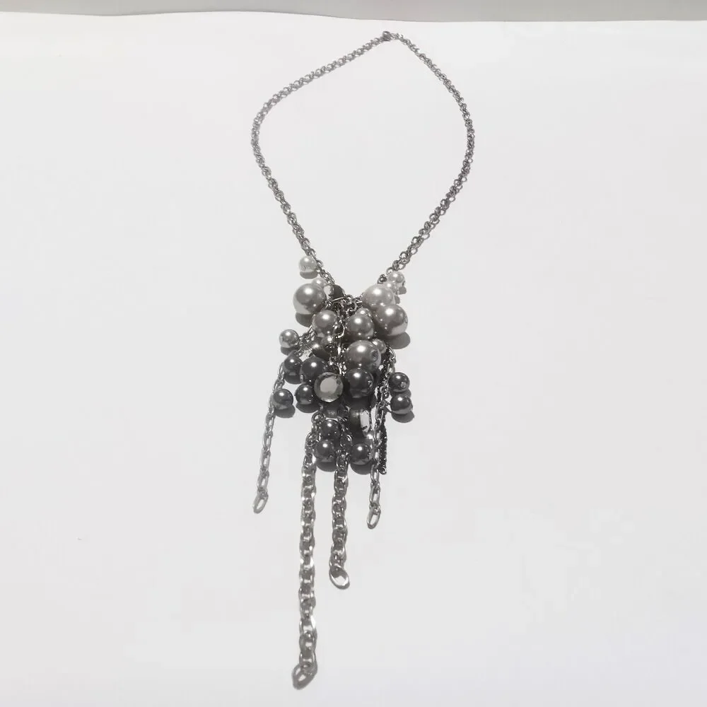 Silver Tone Pearl Rhinestone Tassel Necklace White Gray Pearls Long 28